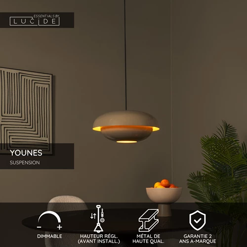 Lucide YOUNES - Suspension - Ø 40 cm - 1xE27 - Taupe | Essential - USP